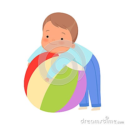 Boy hugs a huge ball. Vector illustration on a white background. Vector Illustration