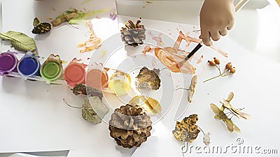 Toddler boy is painting yellow leaves and pine cones in fall with eco friendly paint. Sensorial activity at home Stock Photo