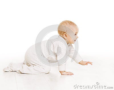 Toddler Crawling in White Baby Onesie, Kid Creeping, White Stock Photo