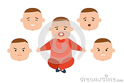 Toddler with different facial expressions. Joy, sadness, anger, surprise, irritation. Vector Illustration