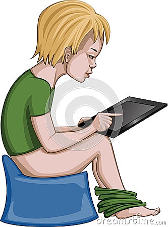 Toddler on a potty using a tablet Stock Photo