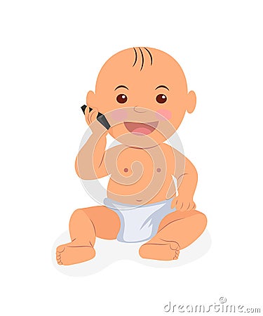 Toddler sitting and talking on the phone. Illustration baby playing with the phone in flat style Vector Illustration