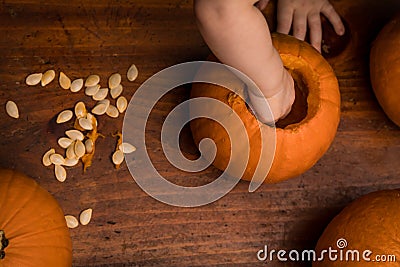 Toddler Taking Out Pumpkin Seeds Stock Photo