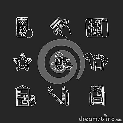 Toddler toys chalk white icons set on black background Vector Illustration