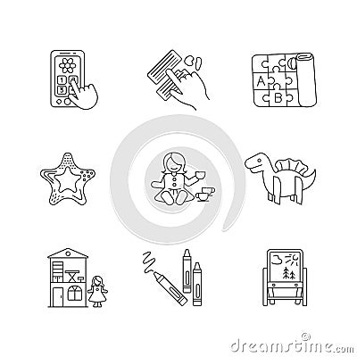 Toddler toys pixel perfect linear icons set Vector Illustration