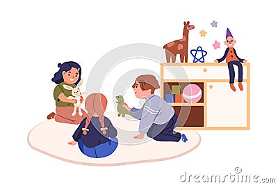 Toddlers playing with toys at kindergarten playschool. Cute preschool kids, children at nursery playroom. Little boys Vector Illustration