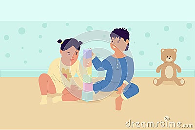 Toddlers with toys. Babies play game together. Little children build tower from color cube blocks. Happy boy and girl in Vector Illustration