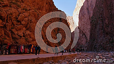 Tourists exploring the popular steep Todgha Gorge (also Todra) north of Tinghir in the south of Atlas Mountains. Editorial Stock Photo