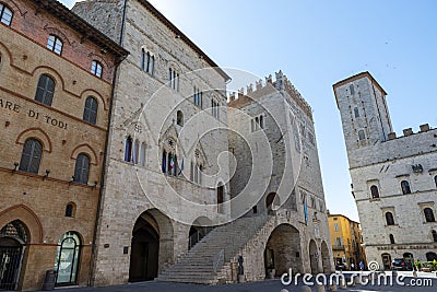 Piazza del popolo in todi with churches and municipalities Editorial Stock Photo