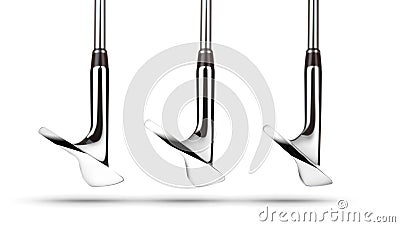 Toes of Golf Club Wedge Irons Showing Various Loft Angles of Faces on White Background Stock Photo