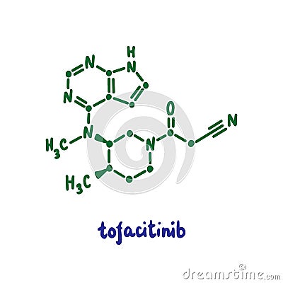 Tofacitinib hand drawn vector formula chemical structure lettering blue green Vector Illustration