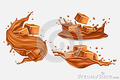 Toffee caramel in splash set, milk chocolate. Sweet candy cube in sugar syrup or dessert cream, 3d brown isolated piece Vector Illustration