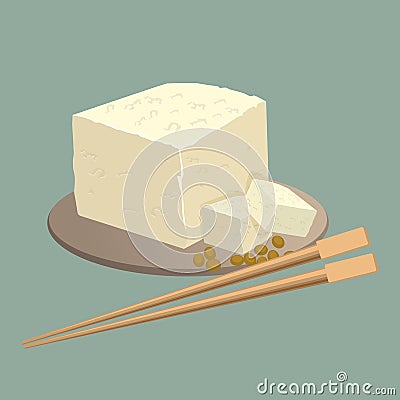 Tofu cheese on plate with chopsticks isolated. Healthy chinese food Vector Illustration