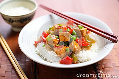 tofu and mixed peppers in teriyaki sauce on bamboo mat Stock Photo