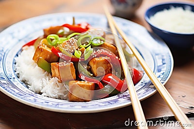 tofu and mixed peppers in teriyaki sauce on bamboo mat Stock Photo