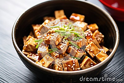 tofu steak pieces arranged in a teriyaki marinade bowl Stock Photo