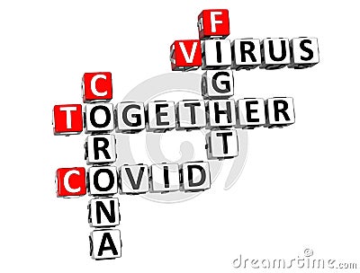 Together Fight Virus. Coronavirus COVID-19. 3D red-white crossword puzzle on white background. Corona Virus Creative Words Stock Photo