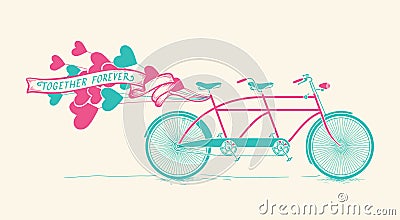 Together forever - vintage tandem bicycle with hearts balloons Vector Illustration