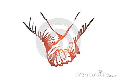 Together, hands, friendship, love, partnership concept. Hand drawn isolated vector. Vector Illustration