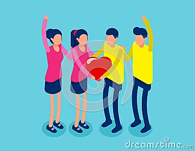 Together in joy holding emotions for togetherness. Fall in love concept. Isometric cartoon vector illustration Vector Illustration