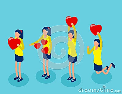 Together in joy holding emotions for togetherness. Fall in love concept. Isometric cartoon vector illustration Vector Illustration