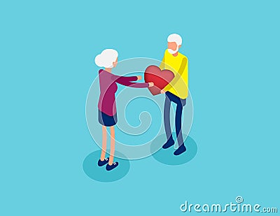 Together in joy holding emotions for togetherness. Fall in love concept. Isometric cartoon vector illustration Vector Illustration