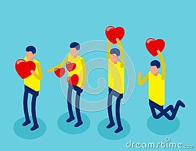 Together in joy holding emotions for togetherness. Fall in love concept. Isometric cartoon vector illustration Vector Illustration