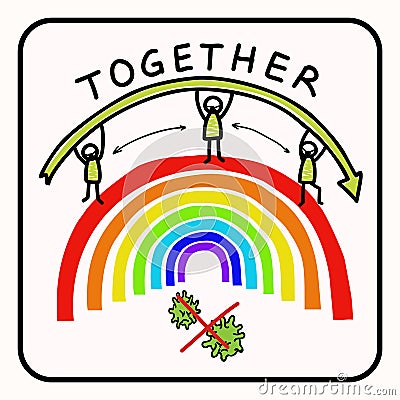 Together rainbow virus fight. You are not alone. Support each other corona covid 19 infographic. Considerate community Vector Illustration
