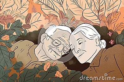 woman man love happy retired asleep together grandfather couple old bed bedtime. Generative AI. Cartoon Illustration