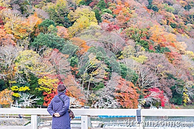 Togetsukyo bridge with colorful leaves mountains and Katsura river in Arashiyama, landmark and popular for tourists attractions in Editorial Stock Photo