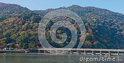 Togetsukyo bridge and Hozu river in autumn season. Stock Photo
