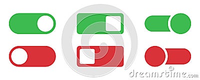 Toggle icon set. Switch toggle slider. Turn off and on toggle. Switcher icon set. Switcher in green and red. Turn on slider. Vector Illustration