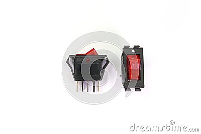 Toggle switch Black switches with backlight, on/off - position isolated on white background Stock Photo
