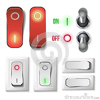 Toggle Switch Set Vector. Plastic And Metal Switches With On, Off Position. Isolated On White Button Illustration. Vector Illustration