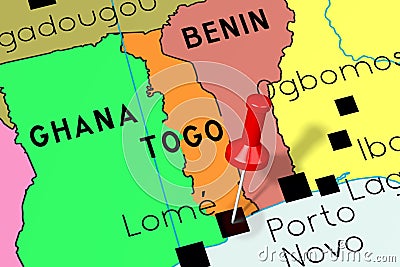 Togo, Lome - capital city, pinned on political map Cartoon Illustration