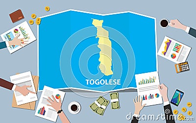 Togolese africa economy country growth nation team discuss with fold maps view from top Cartoon Illustration