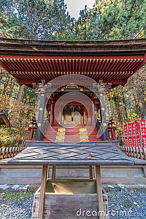 Togu Honden (East Hall) of Kitaguchi Hongu Fuji Sengen Jinja shinto shrine. North side entrance of Mount Fuji Editorial Stock Photo