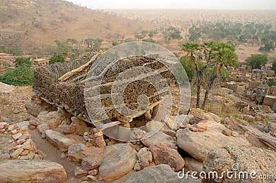 Togu-na overlooking a village in Dogon country Stock Photo