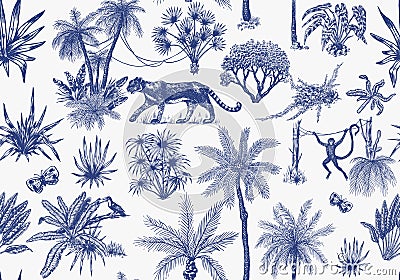 Toile De Jouy banner. Wild tiger and exotic plants. Seamless pattern. Toucan bird and monkey. Exotic Tropical trees Vector Illustration