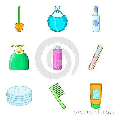 Toilet articles icons set, cartoon style Vector Illustration