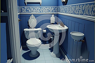 The toilet and bidet in the bathroom blue in classic design. Generative AI Stock Photo