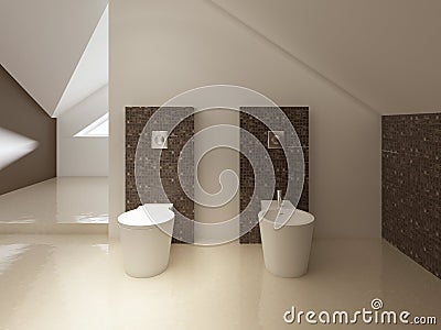 Toilet and bidet in a modern style, a wall in a brown mosaic tile Stock Photo