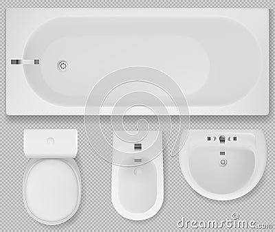 Toilet bowl, bathtub, sink and bidet top view Vector Illustration