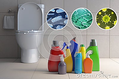 Toilet bowl with different types of bacteria, microbe and virus and detergent bottles. Toilet hygiene infografic concept Cartoon Illustration