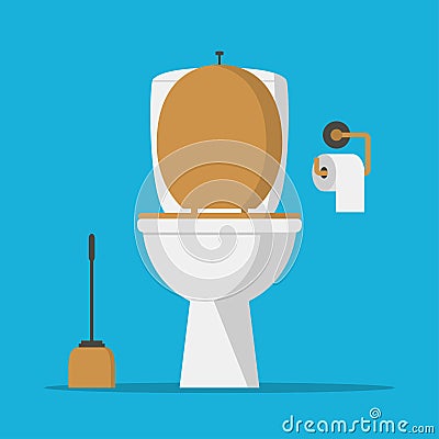 Toilet bowl, lavatory paper and toilet brush. Vector. Vector Illustration