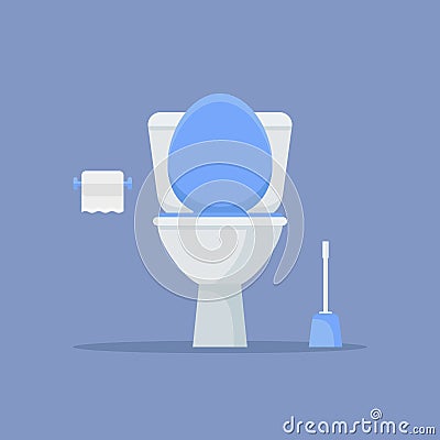 Toilet bowl, paper and brush. Flat style vector illustration. Vector Illustration