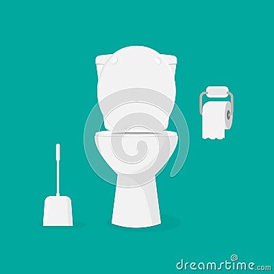 Toilet bowl, toilet paper and brush for toilet bowl. Vector Illustration