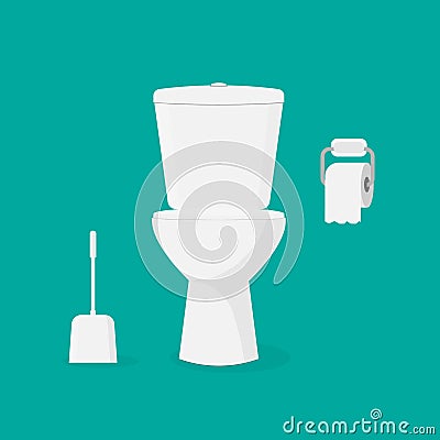 Toilet bowl, toilet paper and brush for toilet bowl. Vector Illustration