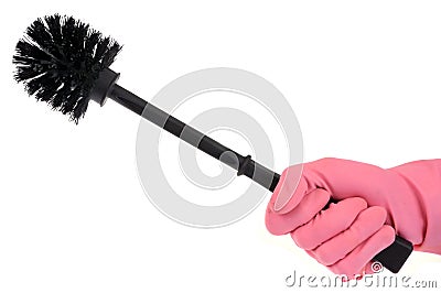 Toilet brush in hand on white background Stock Photo