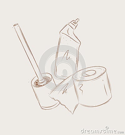 Toilet cleaning accessories collection beige Vector Illustration